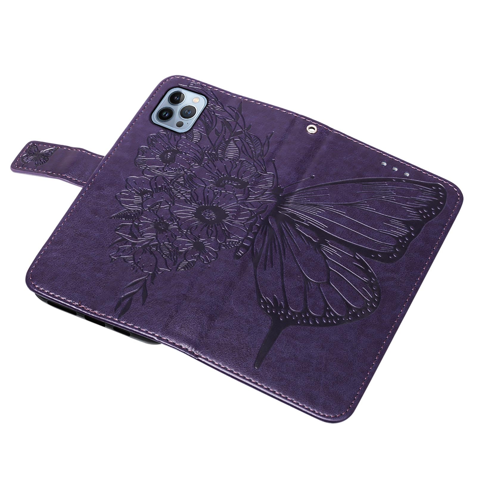 YB Imprinting Series-4 For iPhone 15 Pro Max Phone Leather Case Stand Wallet Butterfly Flower Imprinted Cover with Hand Strap - Purple YB Imprinting Series-4 For iPhone 15 Pro Max Phone Leather Case Stand Wallet Butterfly Flower Imprinted Cover with Hand Strap - Purple
